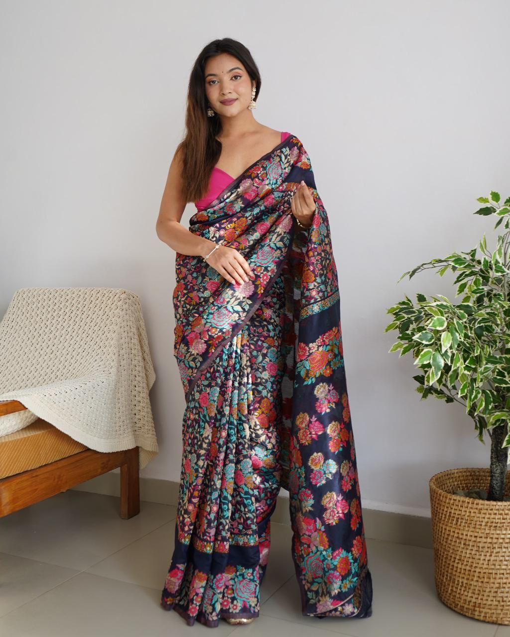 Pretty Navy Blue Pashmina saree With Amazing Blouse Piece