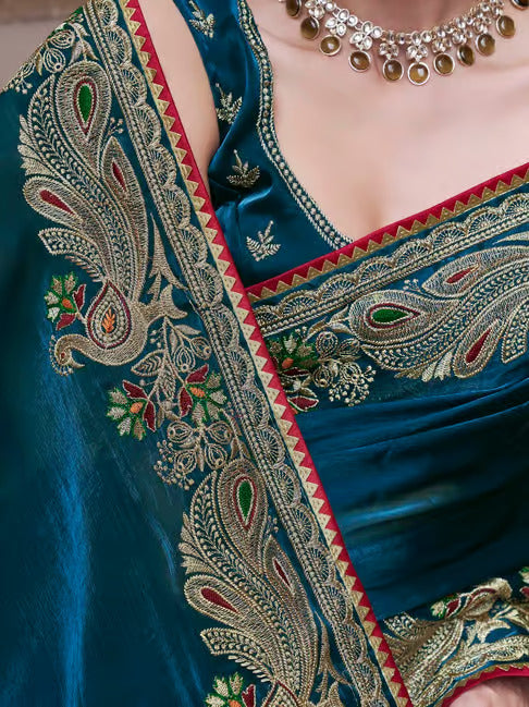 Charming Dark Aqua Embroidery Work Silk Saree With Mesmeric Blouse Piece