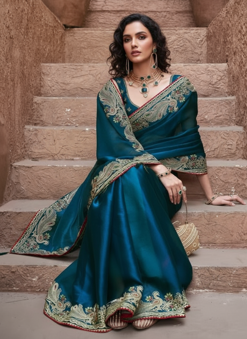 Charming Dark Aqua Embroidery Work Silk Saree With Mesmeric Blouse Piece