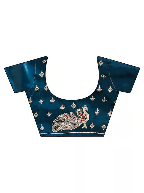 Charming Dark Aqua Embroidery Work Silk Saree With Mesmeric Blouse Piece