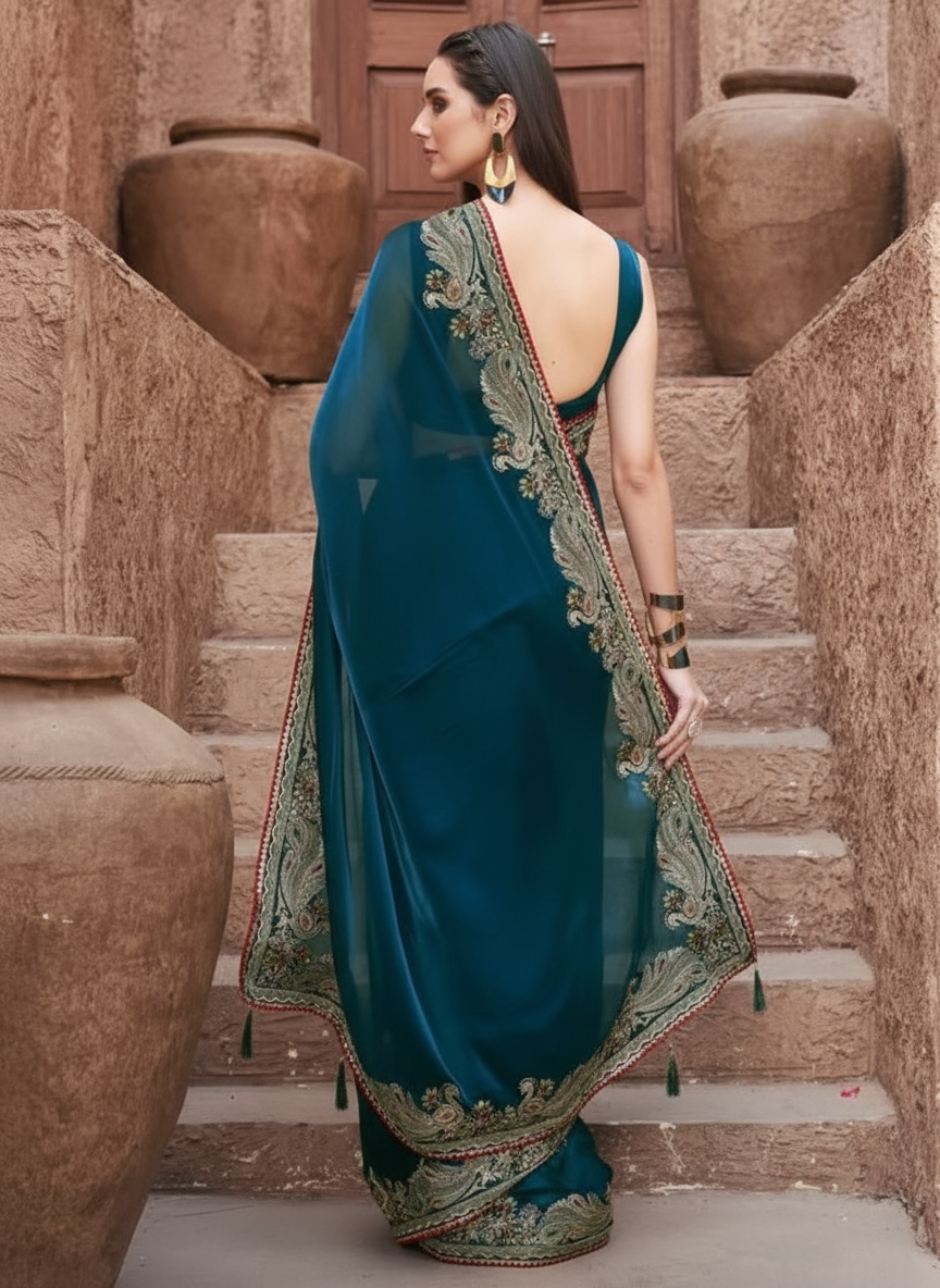 Charming Dark Aqua Embroidery Work Silk Saree With Mesmeric Blouse Piece