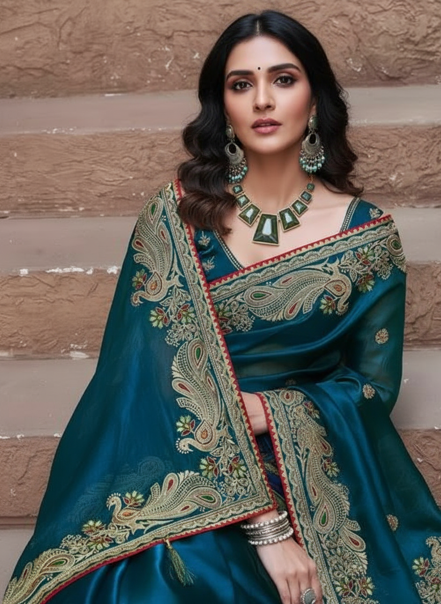 Charming Dark Aqua Embroidery Work Silk Saree With Mesmeric Blouse Piece