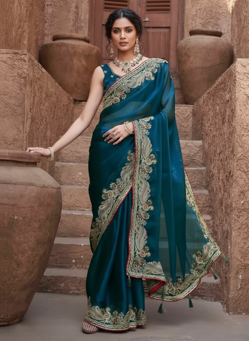 Charming Dark Aqua Embroidery Work Silk Saree With Mesmeric Blouse Piece