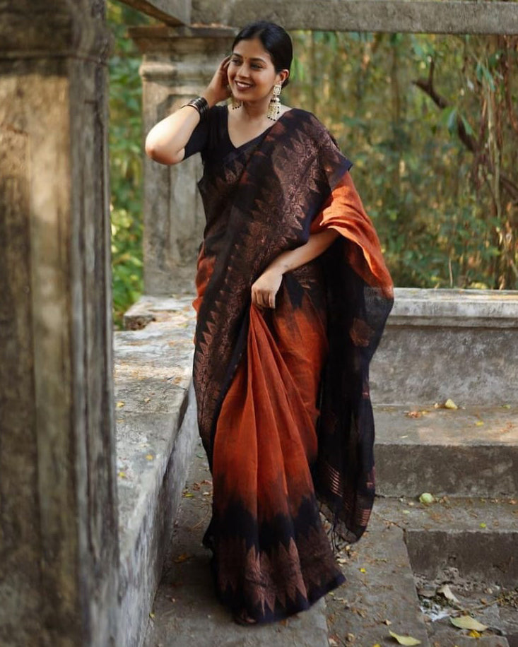 Outstanding Orange Soft Silk Saree With Dalliance Blouse Piece