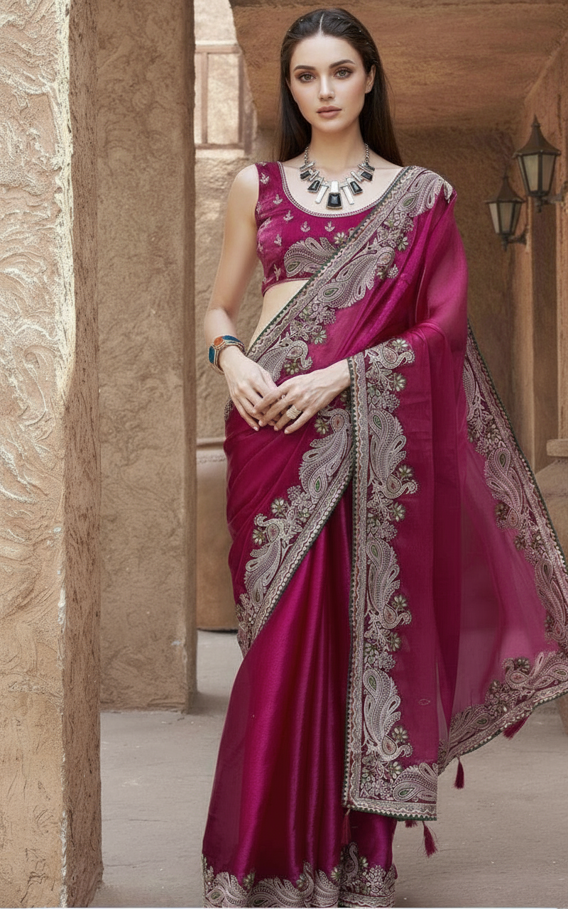 Charming Pink Embroidery Work Silk Saree With Mesmeric Blouse Piece